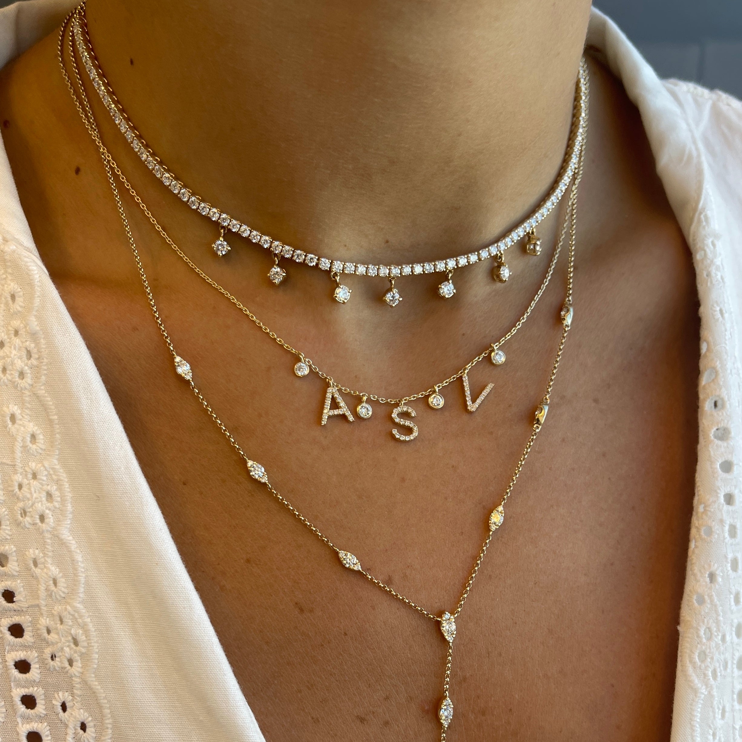 Diamond and Bezels Dangling Initials Necklace